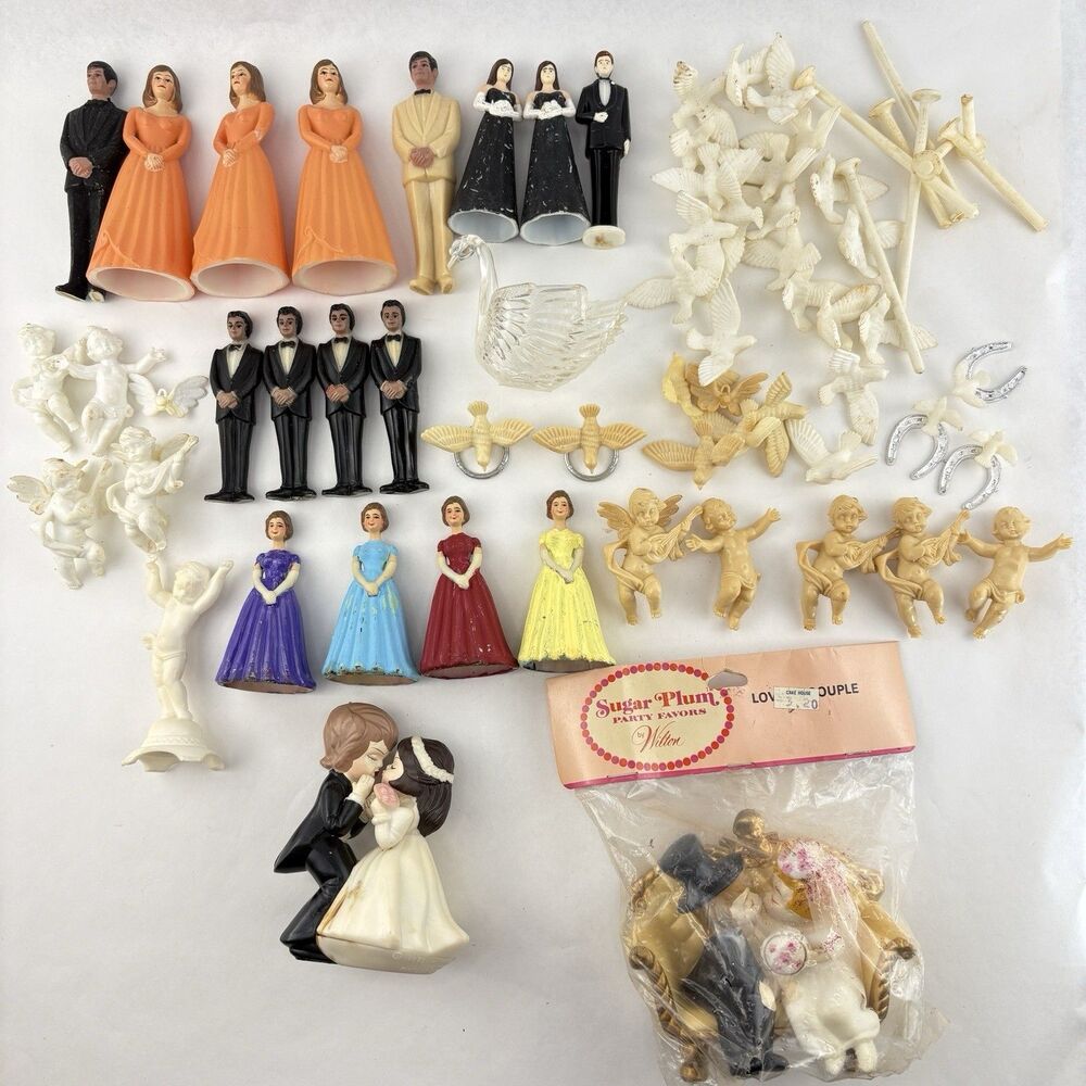 Vintage58 pc plastic Cake Topper Lot 1950s-70s Wilton Bridesmaid Doves Destash